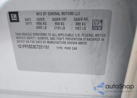 2012 Chevrolet Cruze 1Lt z USA, uszkodzony, nr VIN 1G1PF5SC9C7201191